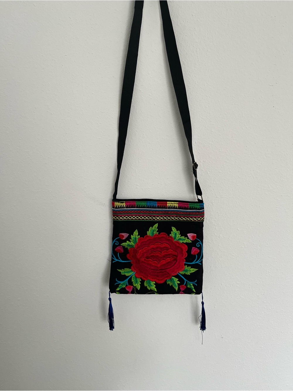 Hand-Embroidered Black Crossbody Bag with Red Floral Motif